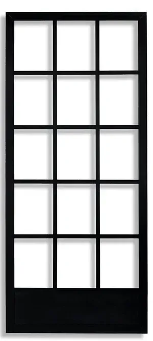 Black rectangular door with grid-like glass panels.