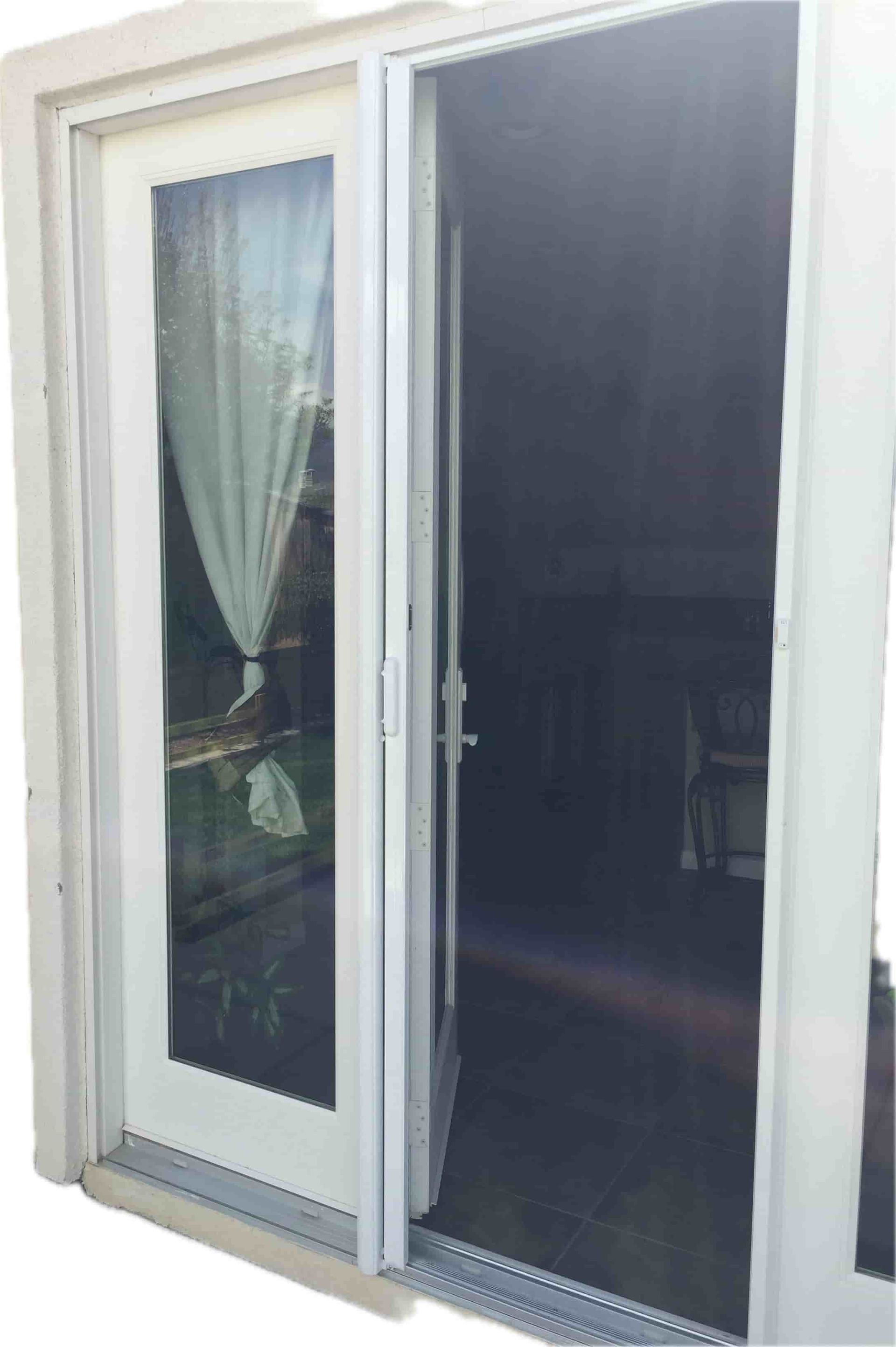 White sliding door, one side open, revealing dark interior. Light shines through glass door.