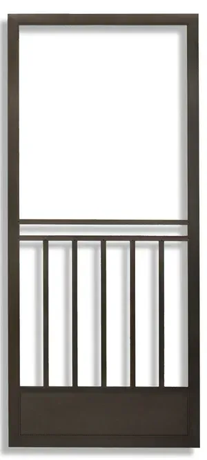 Brown screen door with vertical bars.