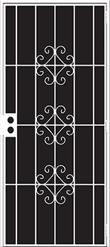 White security door with a black background and decorative scrollwork.