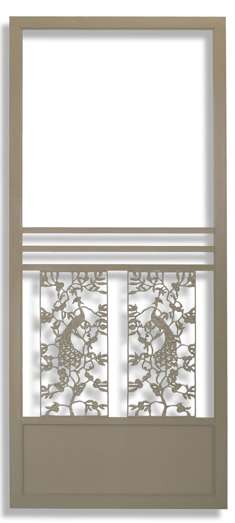 Metal screen door with intricate bird and floral design, beige color.