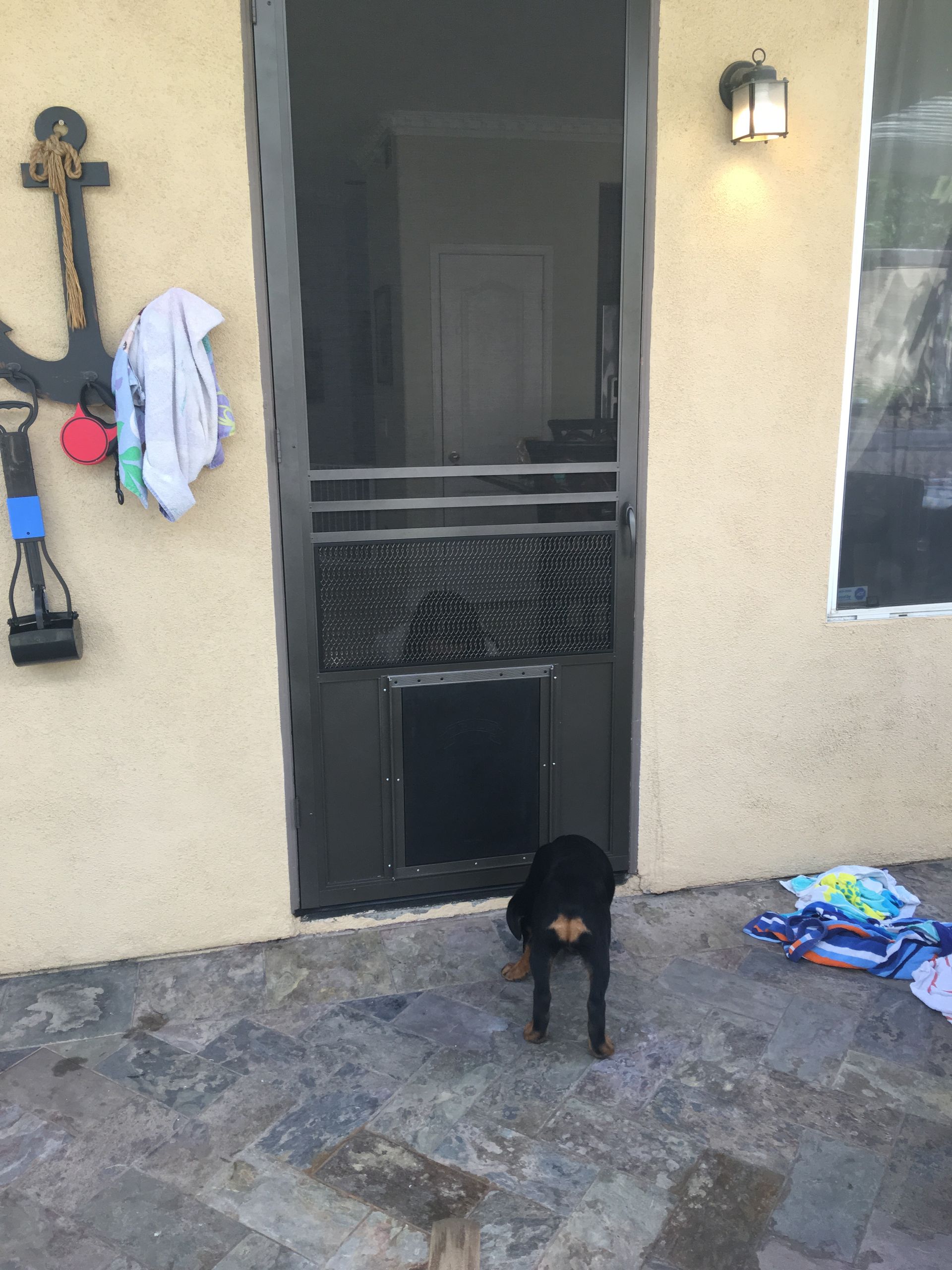 Back door with a black screen door leading to a patio area