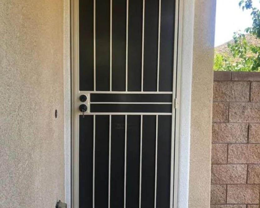 Security door, metal bars and mesh. Beige frame, black interior. Front of a home.