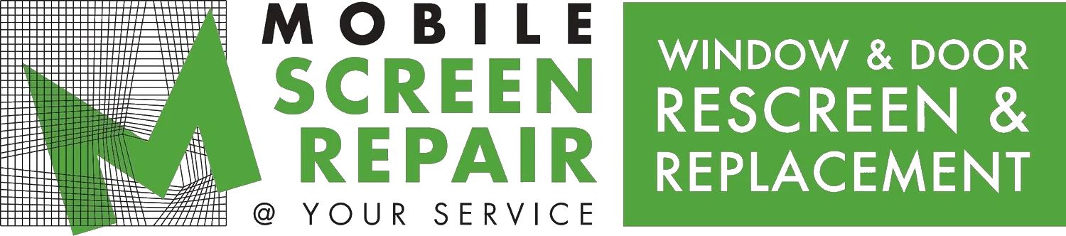 Logo for Mobile Screen Repair: Green check mark, text on white, and window and door repair services.