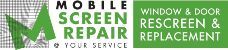 Logo for Mobile Screen Repair: Green check mark, text on white, and window and door repair services.