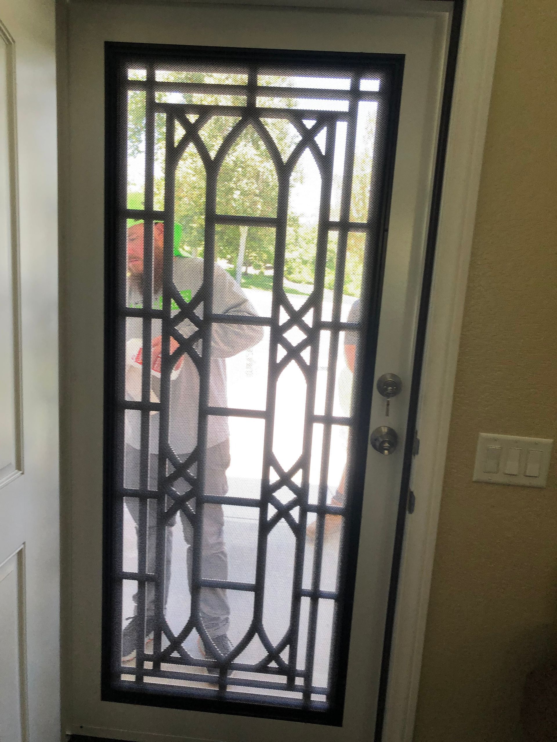 Decorative front door with ornate metal security screen
