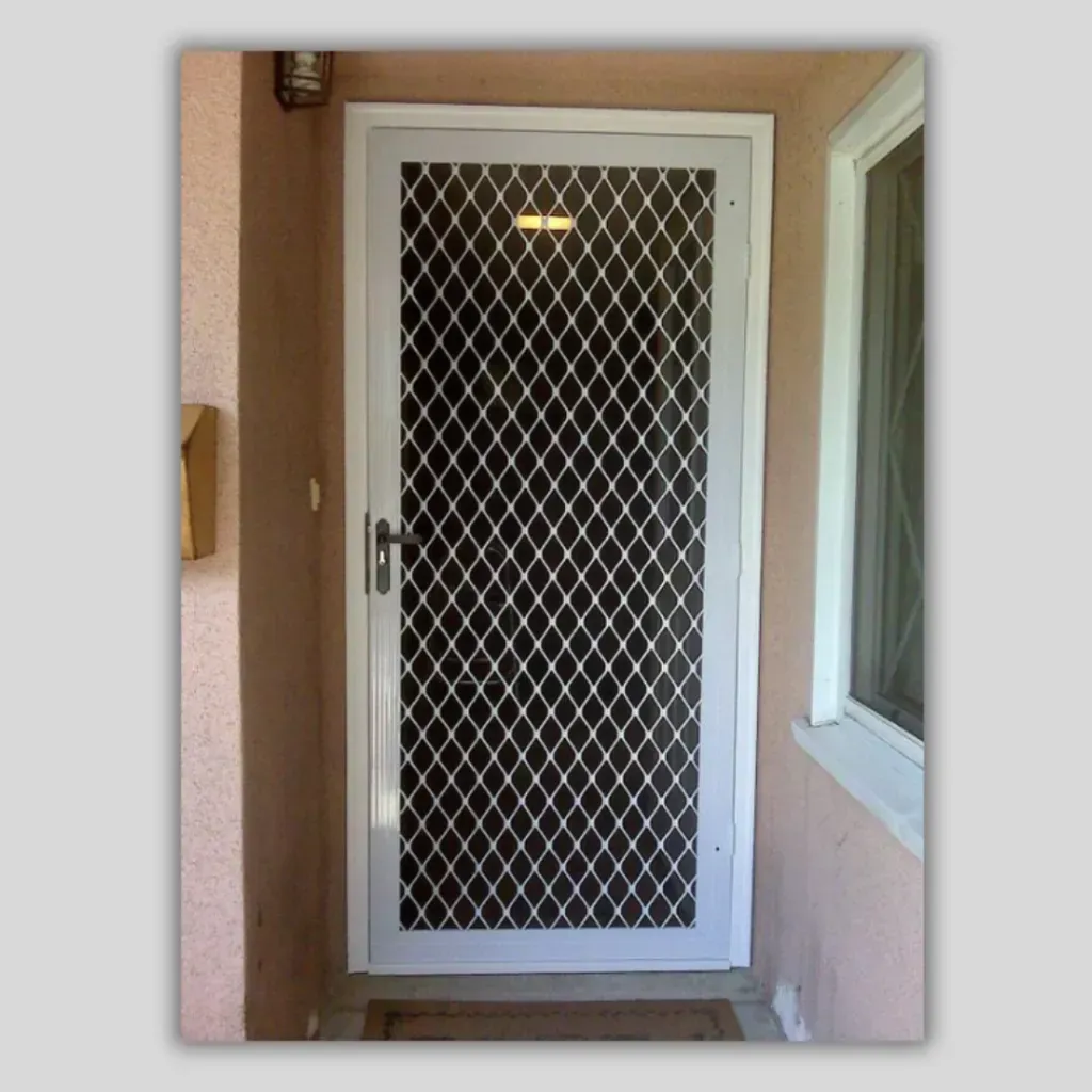 White security screen door with a diamond mesh pattern. Door is set with a window and mail slot visible.