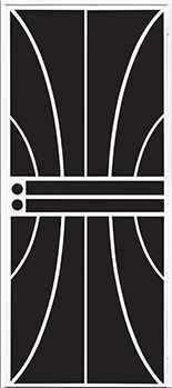 Black and white screen door with curved white lines forming a symmetrical design.