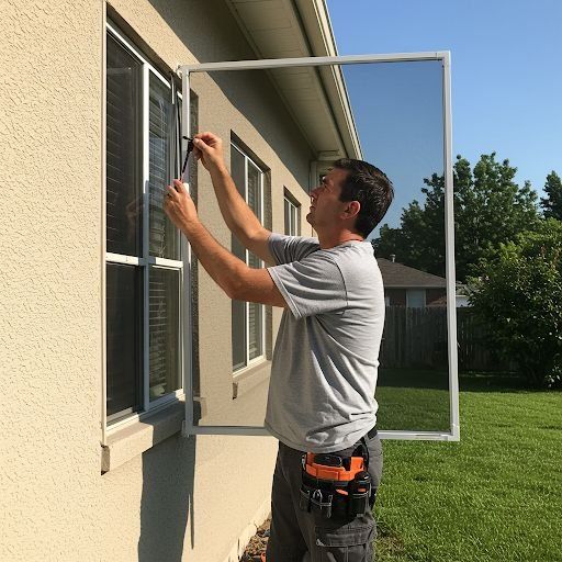 Technician securing a window screen frame onto a house window