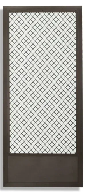 Brown screen door with a diamond pattern mesh.