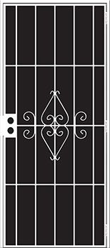 Metal security door with a decorative diamond-shaped design. Black background with white bars and frame.