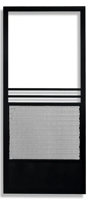 Black security door with white upper section, decorative metal mesh, and horizontal lines.