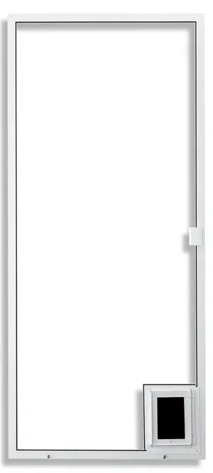 White pet door frame with a black pet door at the bottom.