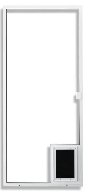 White framed door with a built-in black pet door.