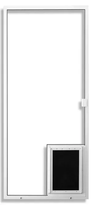 White sliding door frame with a black pet door.