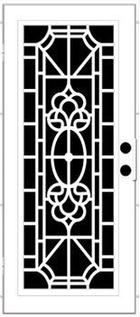 White door with black decorative grillwork. Door has a central oval design and two black doorknobs.