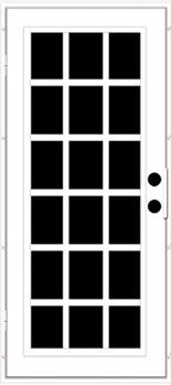 White exterior door with a grid of black windows, and a black handle.
