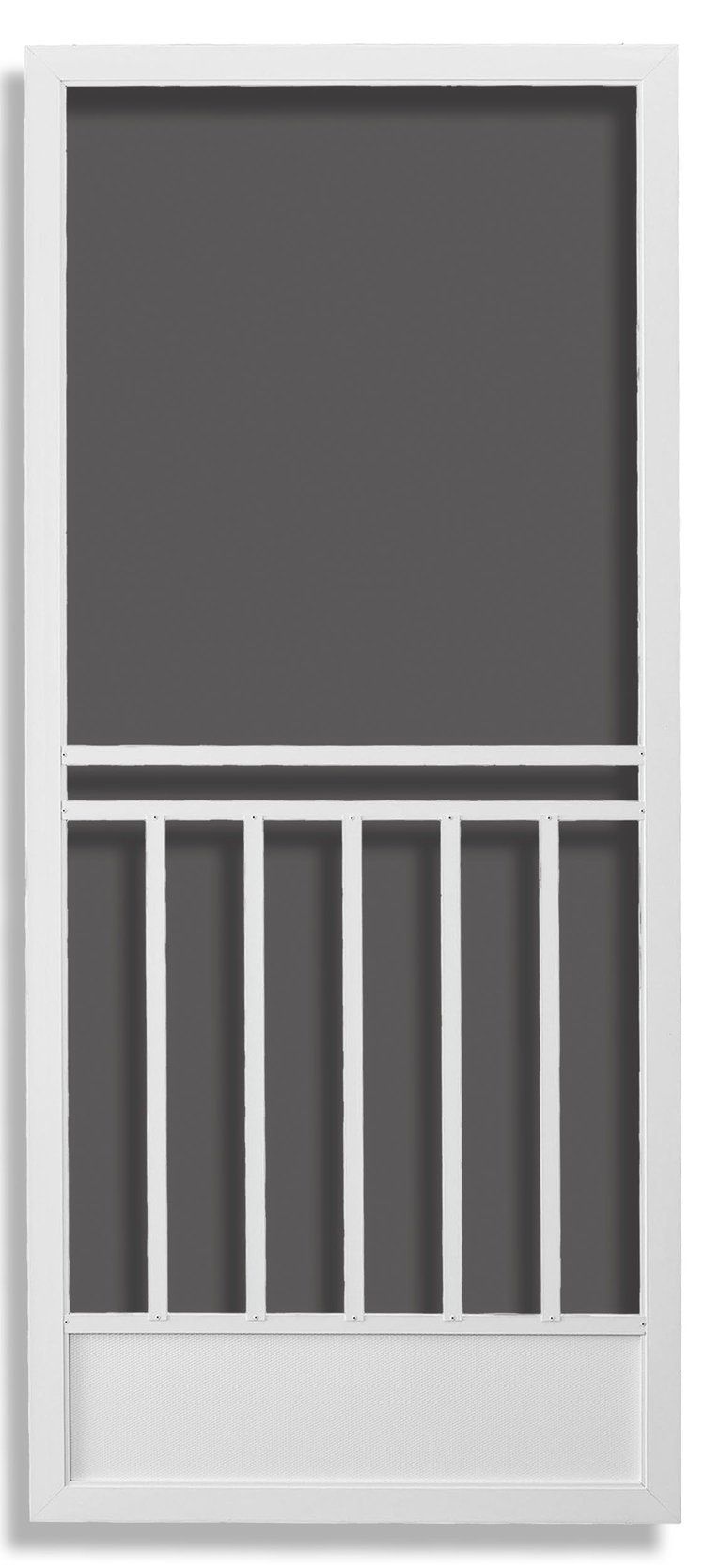 White screen door with a section of vertical bars.