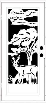White decorative door with a black silhouette of deer, trees, clouds, and the moon.