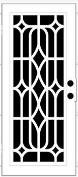 White door with black geometric design, two black doorknobs.