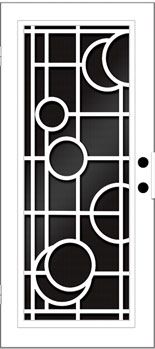White door with geometric pattern of squares and circles, black background.