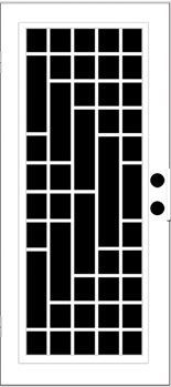 White door with black geometric design, and two dark knobs.