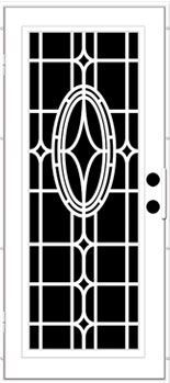 White door with black geometric design and oval detail, handles on the right.