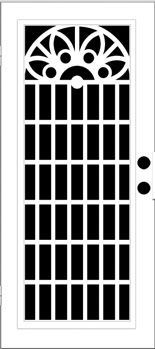 White metal security door with decorative top and vertical bars.