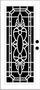 White front door with black, ornate design and two black doorknobs.
