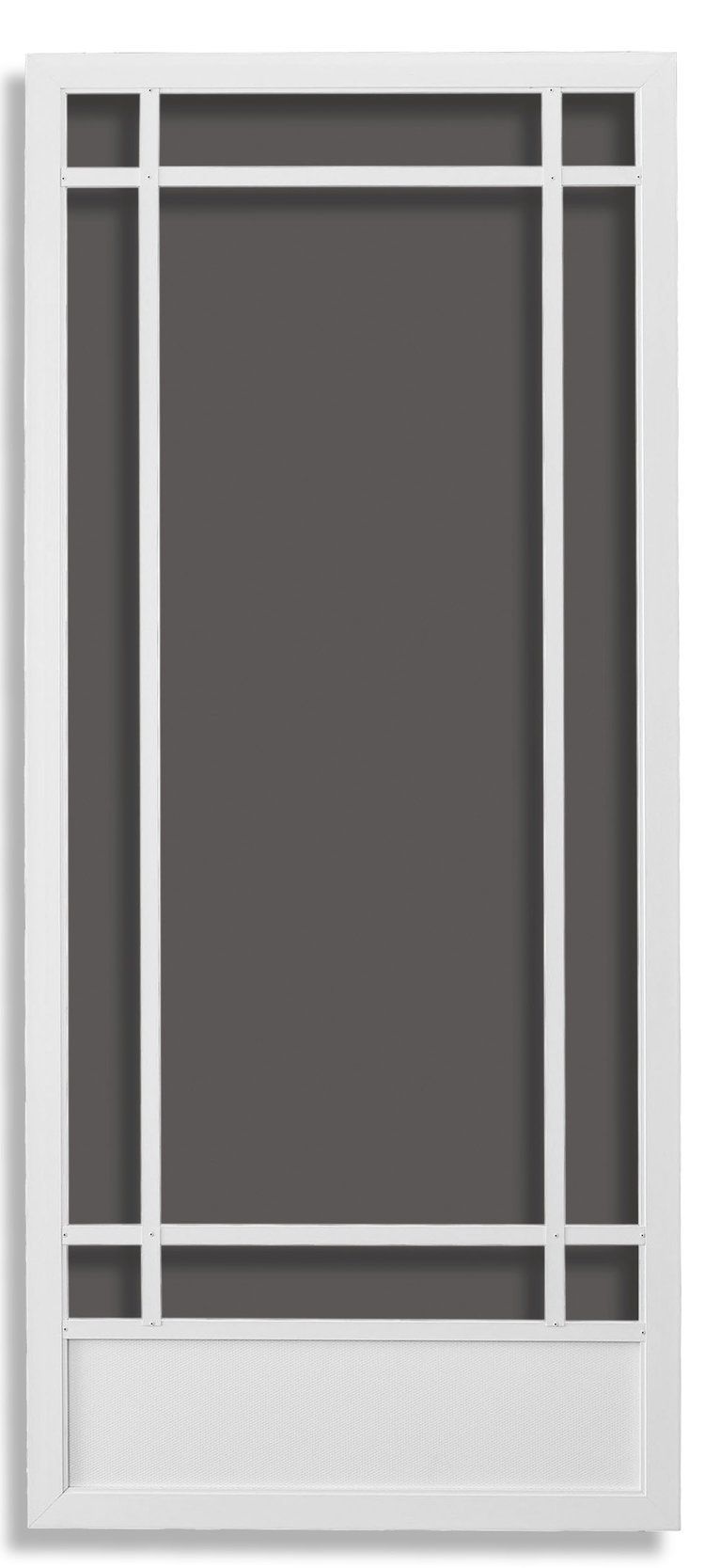 White framed screen door with dark screen.