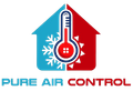 Logo for Pure Air Control with a house divided in blue (cold) and red (hot) and a central thermometer.