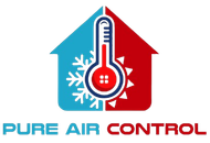 Logo for Pure Air Control with a house divided in blue (cold) and red (hot) and a central thermometer.
