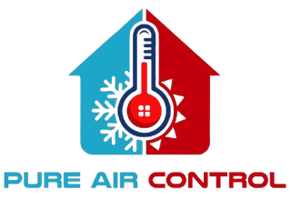 Logo for Pure Air Control with a house divided in blue (cold) and red (hot) and a central thermometer.