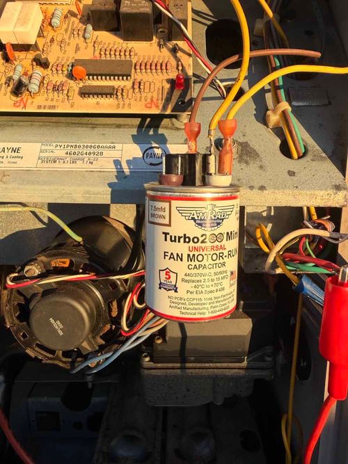 Furnace components: capacitor, fan motor, circuit board, and wiring.