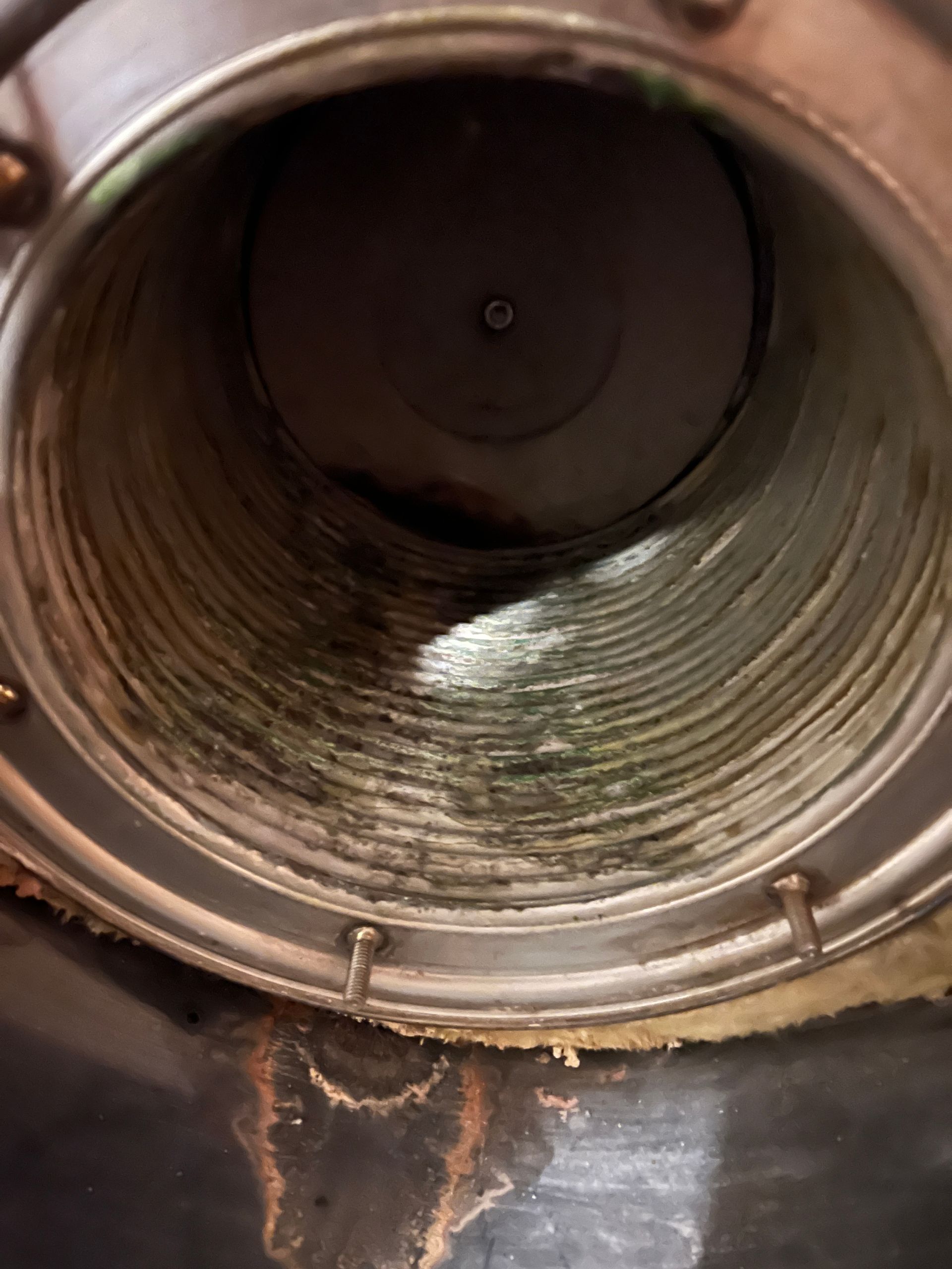 Inside of a metal cylinder with visible spiral grooves, covered in green and black residue.