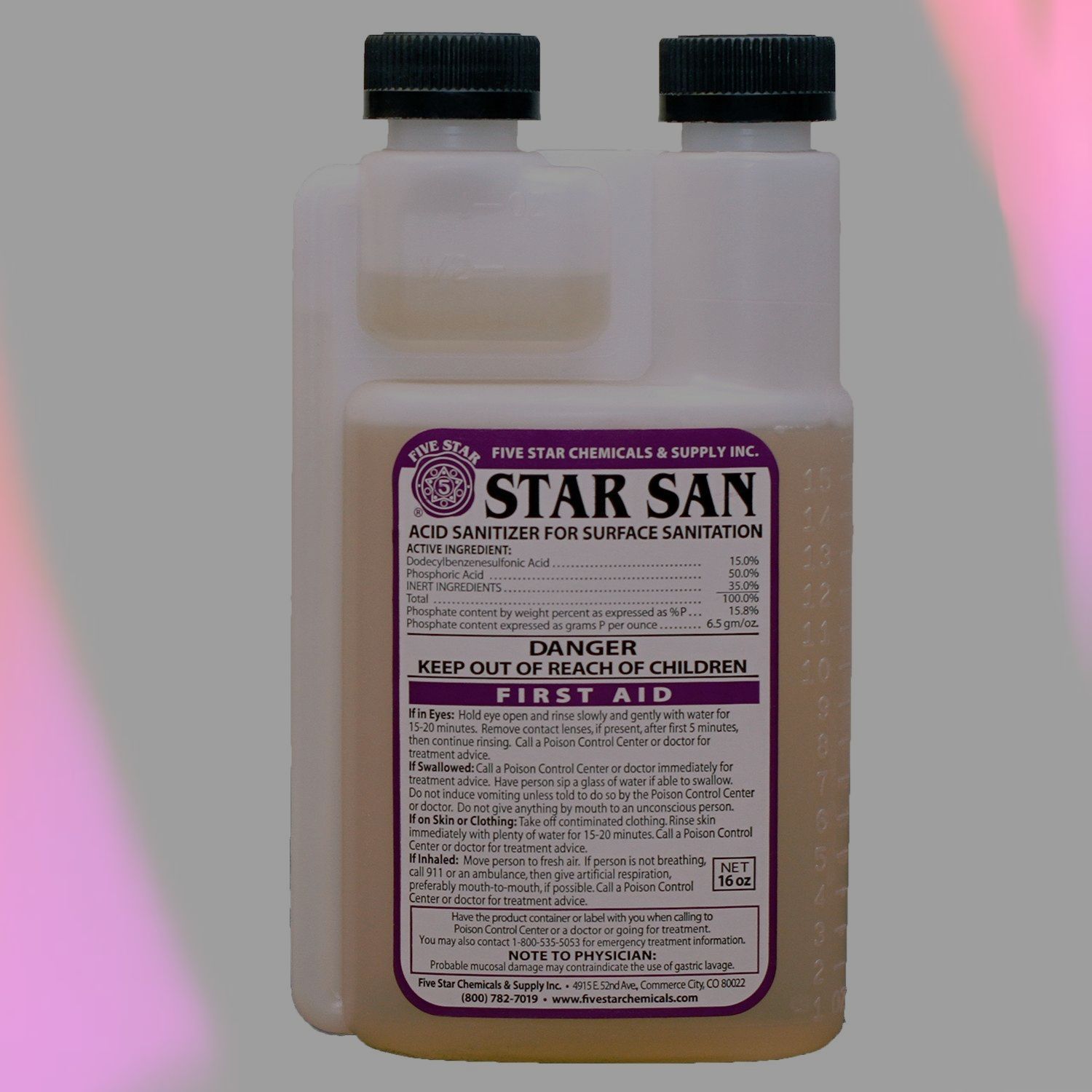 A bottle of star san has a purple label