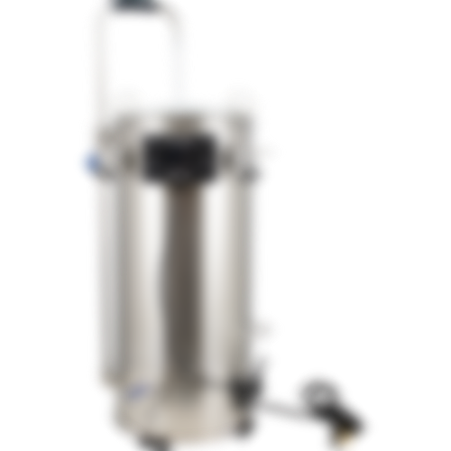 A stainless steel container with a handle and a cord attached to it.