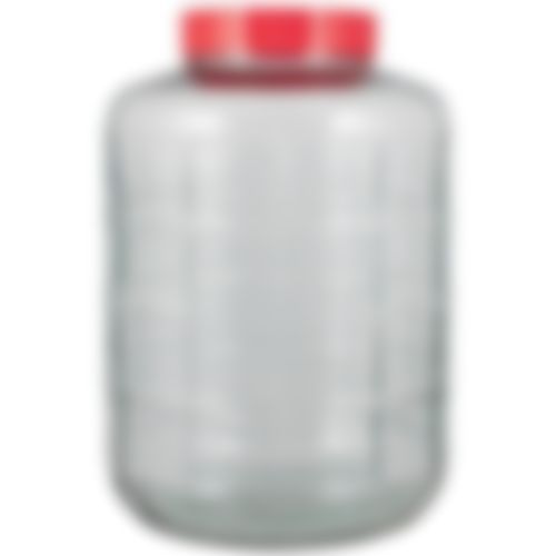 A clear glass jar with a red lid on a white background.