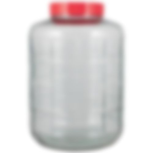 A clear glass jar with a red lid on a white background.
