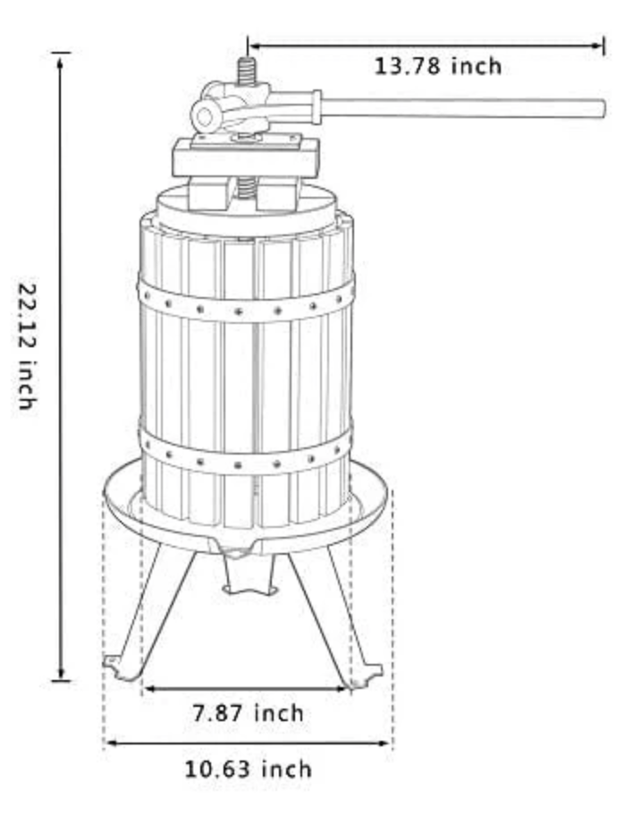 A black and white drawing of a wine press with measurements.