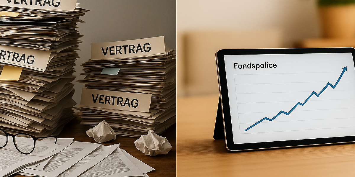 gegenüberstellung von papierchaos mit vertragstürmen und einem digitalen tablet mit wachstumskurve einer fondspolice – sinnbild für veraltete altersvorsorge-verträge versus moderne, renditeorientierte lösungen mit struktur und transparenz