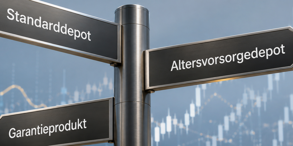 Fotorealistisches Titelbild zur Altersvorsorgereform: Ein hochwertiger Wegweiser zeigt die Optionen Standarddepot, Altersvorsorgedepot und Garantieprodukt vor einer modernen Finanzwelt mit dezenten Kapitalmarkt-Grafiken.