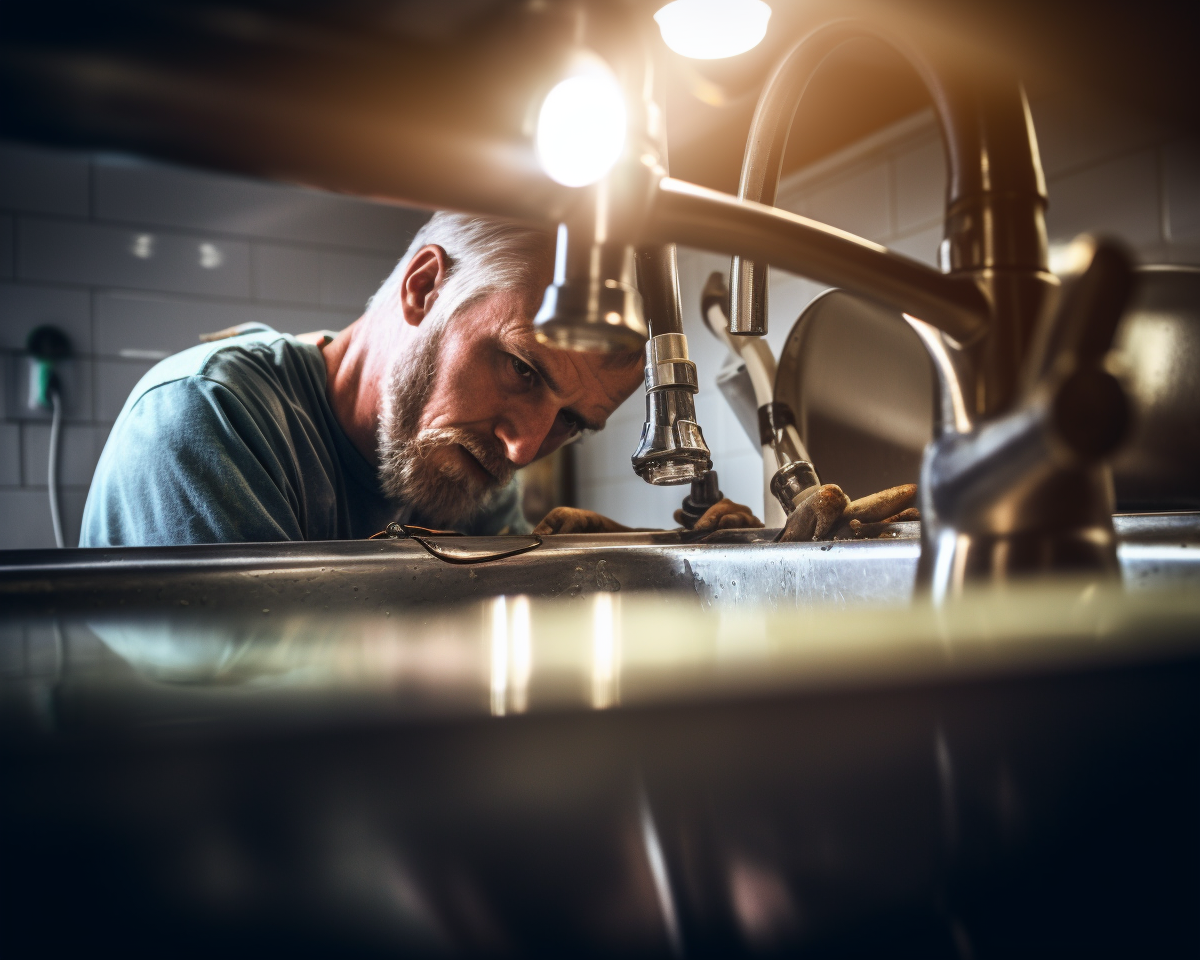 handwerker bei reparatur unter spüle – symbolbild für blogartikel über alternative absicherungsmöglichkeiten zur berufsunfähigkeitsversicherung, etwa grundfähigkeits-, erwerbsunfähigkeits- oder dread-disease-versicherungen