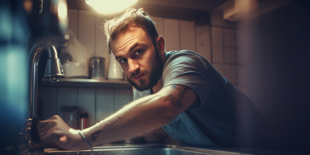 Ein junger Mann mit Tattoos arbeitet fokussiert an der Küchenspüle – steht sinnbildlich für körperlich fordernde Berufe und den Bedarf alternativer Absicherungskonzepte zur Berufsunfähigkeitsversicherung.
