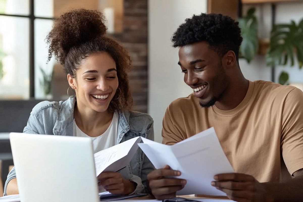 Ein junges Paar sitzt gemeinsam am Schreibtisch und liest konzentriert Unterlagen vor einem Laptop. Beide lachen, wirken erleichtert und zufrieden – eine Metapher für Transparenz und Klarheit bei der Finanzplanung, z. B. beim Wechsel der Krankenkasse