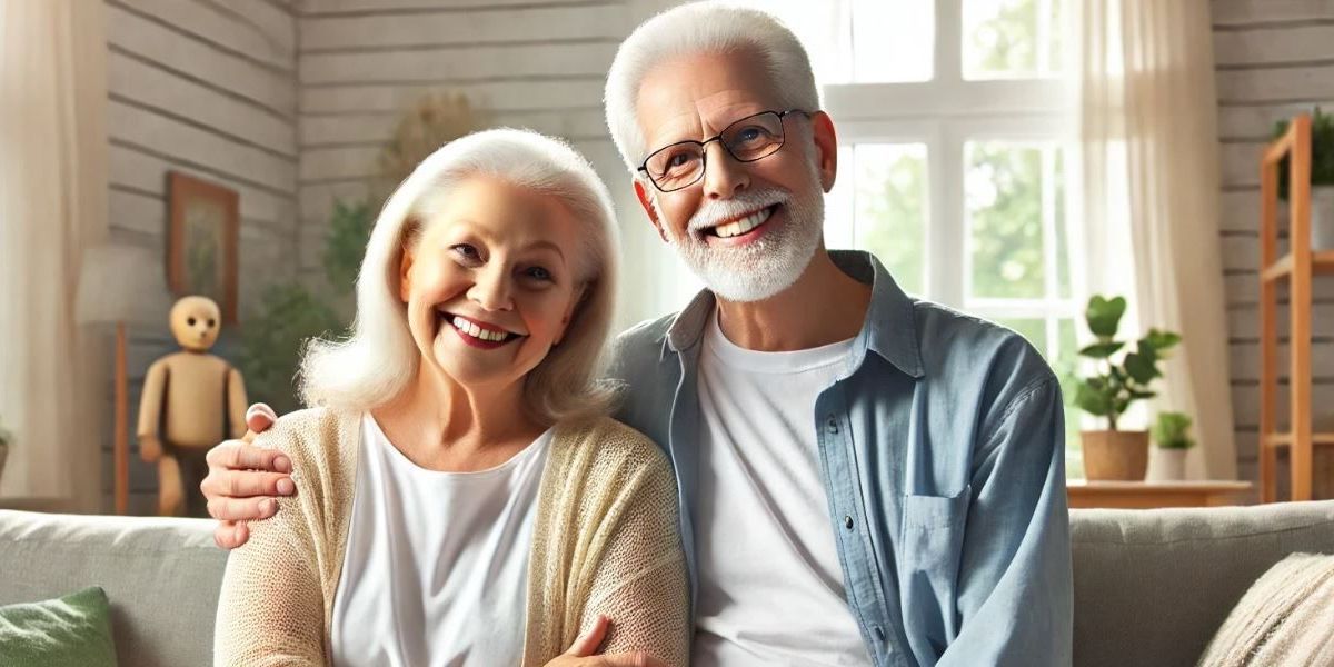 Fröhliches älteres Paar sitzt eng umschlungen auf dem Sofa im Wohnzimmer. Das Bild steht für Lebensfreude, finanzielle Sicherheit und die Vorteile frühzeitiger Pflegevorsorge.
