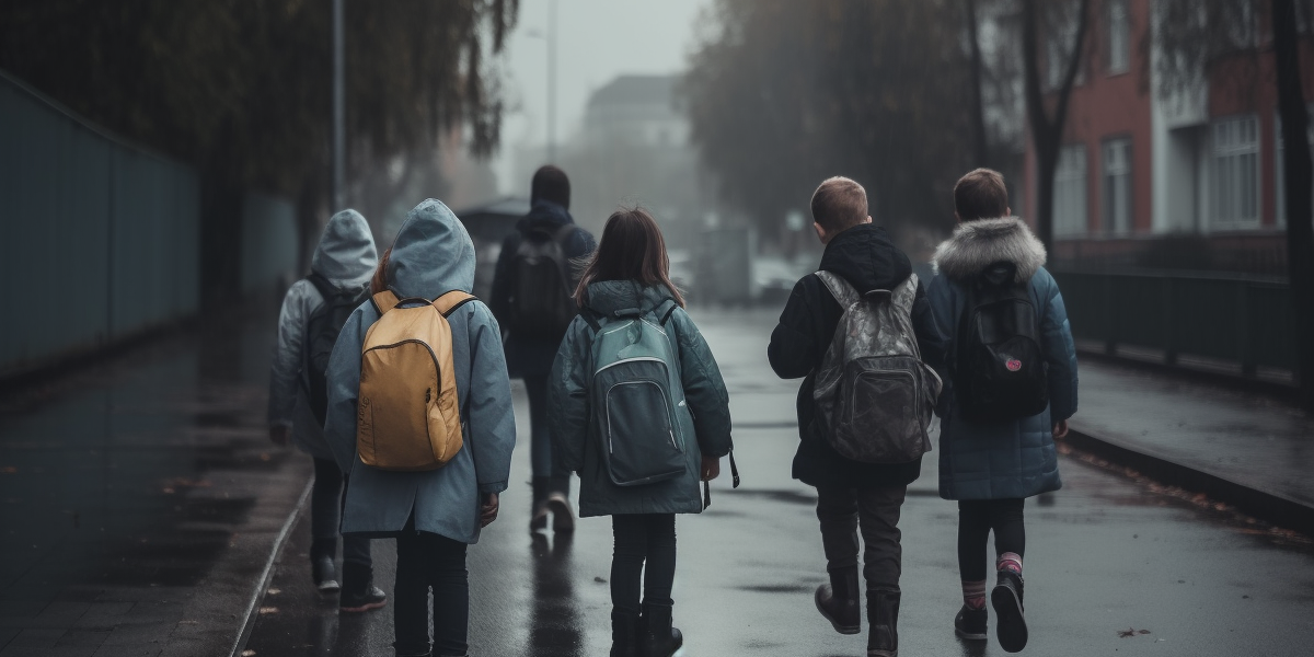 Mehrere Kinder mit Rucksäcken auf dem Schulweg im Regen – stellvertretend für die Absicherung durch eine Schulunfähigkeitsversicherung im Alltag.