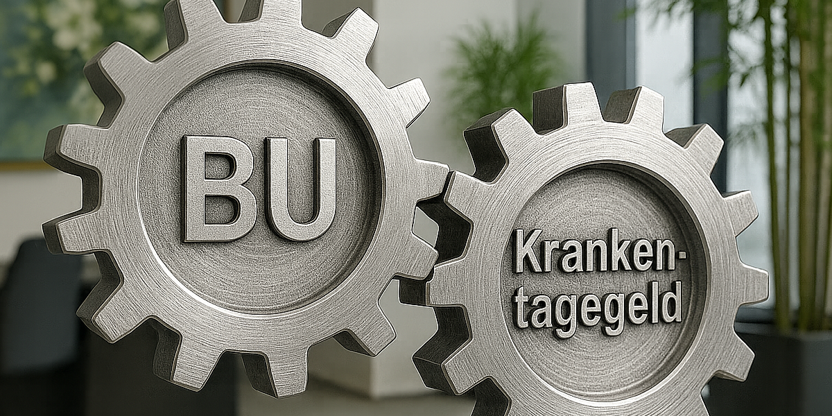 Elegantes Büro mit Bambusdekor, stilvollem Wandbild und zwei hochwertigen Metallzahnrädern im Vordergrund, die für die Kombination aus Berufsunfähigkeits- und Krankentagegeldversicherung stehen.