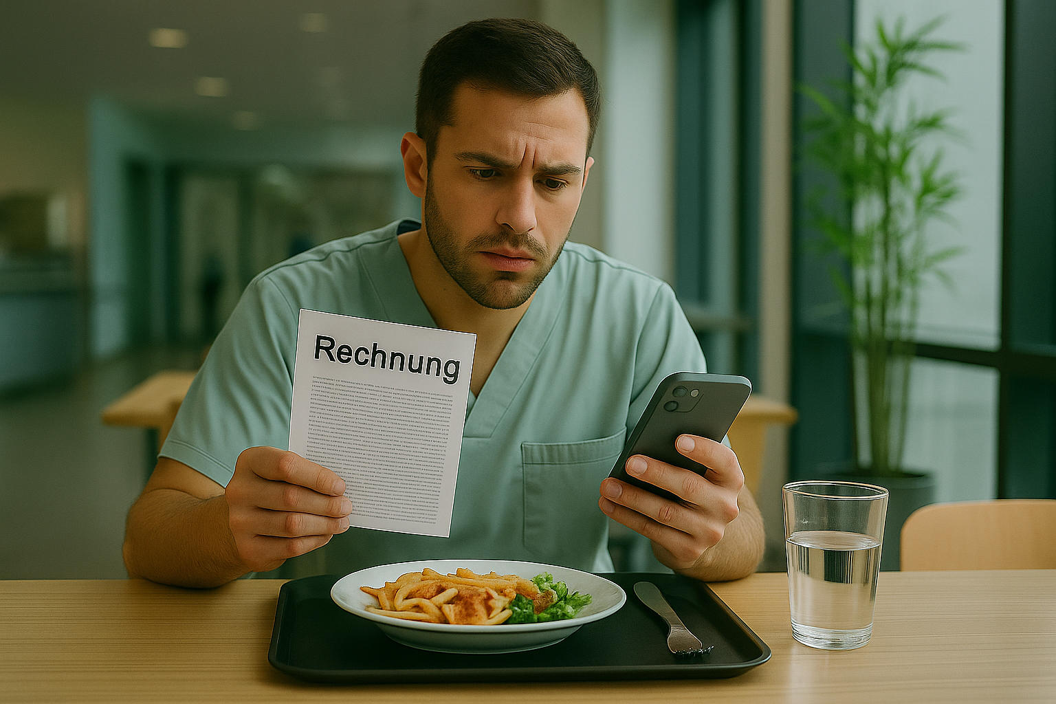 Fotorealistisches Titelbild für Finanzberatung im Klinikalltag: Ein junger Arzt blickt besorgt auf