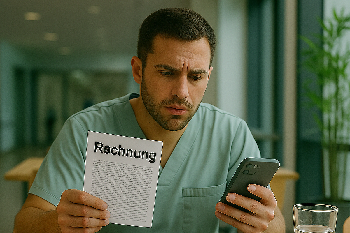 Fotorealistisches Titelbild für Finanzberatung im Klinikalltag: Ein junger Arzt blickt besorgt auf sein Smartphone, in der Hand eine Rechnung mit kleingedrucktem Text. Die Szene spielt in der Krankenhaus-Cafeteria – Symbol für stille Ineffizienz und fehlende Finanzstruktur. Ideal für Beiträge zu PKV-Beratung, Vertrags-Check, Kostenübersicht und strukturierter Finanzplanung für Ärzte.